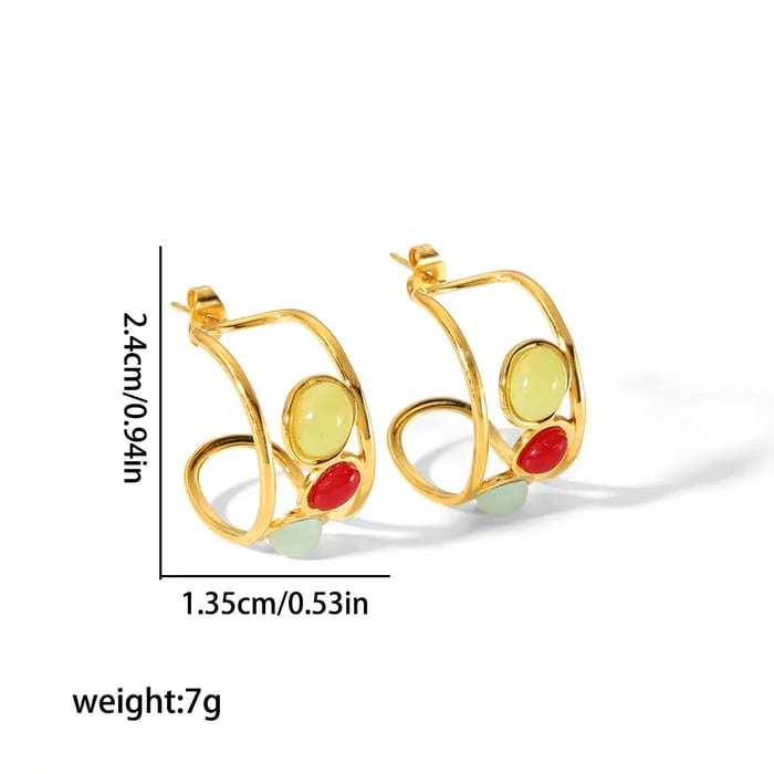 1 Pair Boho Retro Style Hollow C Shape Stainless Steel  Gold Color Inlay Artificial Gemstones Women's Stud Earrings Picture3